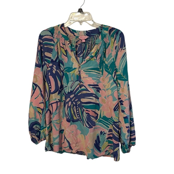 Lilly Pulitzer Pink Long Sleeve Silk Floral Blouse Large - Picture 1 of 12